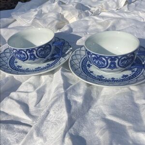 2 Bombay Blue and White Cup and Saucers